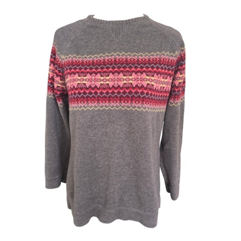 Eddie Bauer Women Gray Fair Isle Knit Sweater Crew Neck Long Sleeve Size L‎